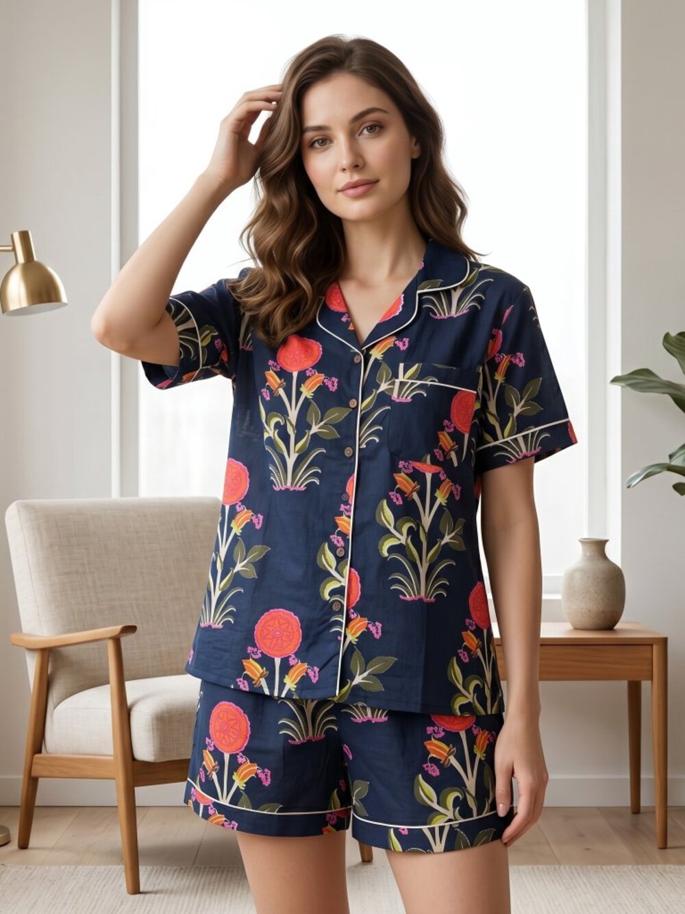 Hand Block Print Cotton Short Set, Indian Hand Block Printed Summer Lounge Wear
